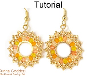 Beading Tutorial Pattern - Beaded Sun Earrings & Necklace - Brick Stitch - Simple Bead Patterns - Sunna Goddess Necklace Earrings Set #24980
