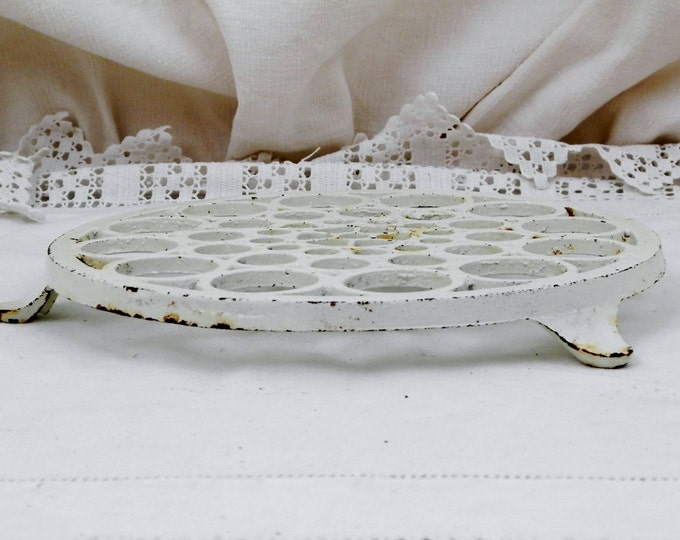 Large Round Antique French Cast Iron White Chippy Enamel Trivet, Hot Plate, Heat Mat, Cottage Kitchen, French Country, Kitchenware, Shabby