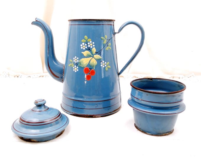 Rare Antique Hand Painted Blue Gooseneck Kettle Flower Pattern Chippy Enamelware Coffee Pot, Cafetière, French Country Decor, Cottage France