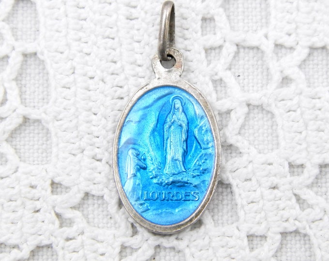 Vintage French Religious Silver Alloy Metal and Blue Glass Enamel Medal Virgin Mary from Lourdes, Religion, Christian, Catholic, Our Lady Vintage French Religious Silver Alloy Metal and Blue Glass Enamel Medal Virgin Mary from Lourdes, Religion, Christian, Catholic, Our Lady