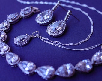 CZ Jewelry Set Necklace Earrings, Wedding Jewelry Bridal Earrings Cubic Zirconia Bridesmaid Gift Wedding Earrings