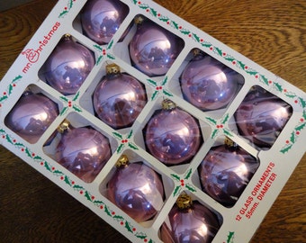 Lavender Purple Glass Christmas Ornaments - Box of 12 - Pale Lavender Pearl Finish - Mr. Christmas Ornaments - Shabby Cottage Chic