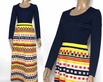 Vintage 1960s Dress //Maxi Gown// Gay Gibson Gown// Polyester Gown//Yellow Navy Blue// Bohemian//Garden Party Gown