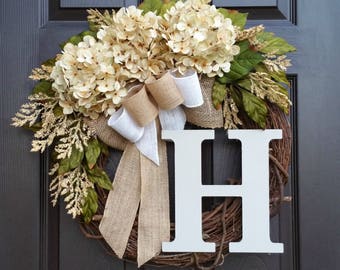 Cream Hydrangea Wreath,Summer Wreath,Farmhouse Wreath,Year Round Wreath,Front Door Wreath,Grapevine Wreath,Mother's Day Gift,Wreath for Door