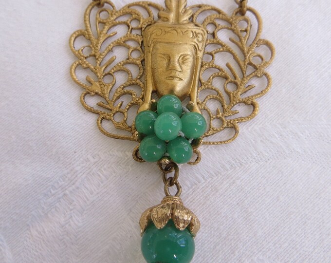 Vintage Buddha Necklace, Filigree with Peking Glass Beads, Bib Style, Spiritual Jewelry, 24 Inch Chain