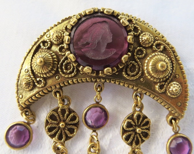 Goldette Amethyst Cameo Brooch, Vintage Intaglio Cameo Dangle Pin, Etruscan Style, Vintage Designer Signed Jewelry