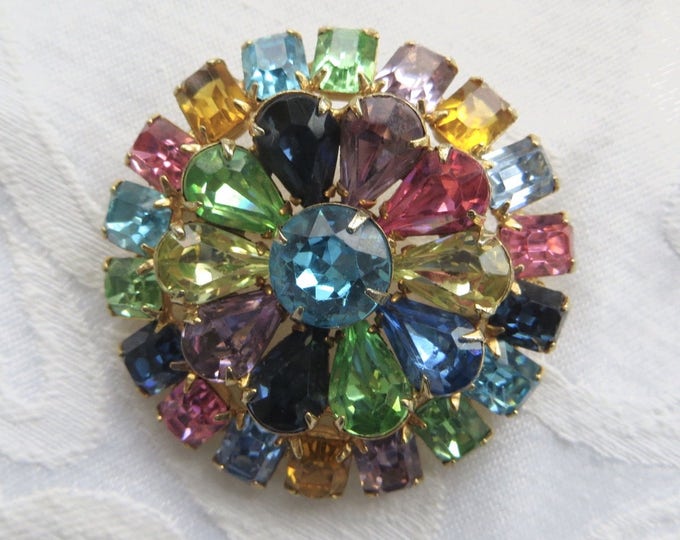 Vintage Rhinestone Brooch, Baguette Navette Cut Stone Pin, Multicolor Stones, Stunning