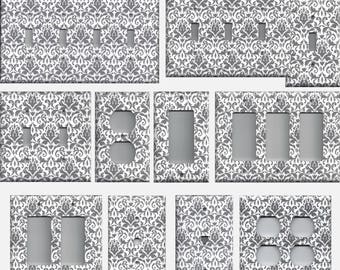 Silver/Gray/Grey & White Floral Damask Light Switch Plates and Wall Outlet Covers Elegant Home Decor Accents