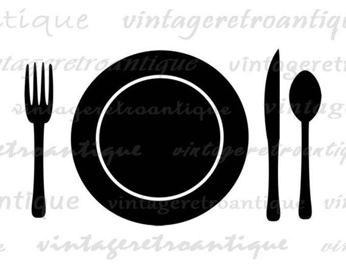 Printable Plate Setting Fork Knife Spoon Graphic Digital Download Food Image Vintage Kitchen Icon Clip Art Jpg Png Eps HQ 300dpi No.2059