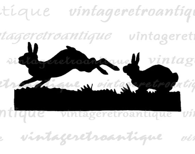 Printable Image Rabbits Silhouette Digital Bunny Illustration Graphic Download Antique Clip Art Jpg Png Eps HQ 300dpi No.3336