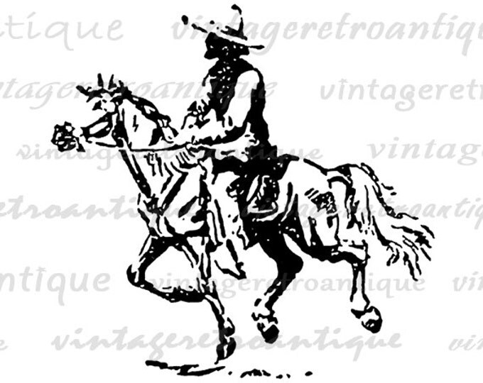 Printable Cowboy Riding Horse Digital Download Horseback Rider Graphic Image Vintage Clip Art Jpg Png Eps HQ 300dpi No.155