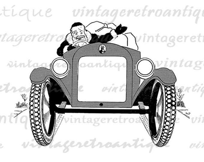 Printable Graphic Santa Claus Driving Antique Roadster Car Digital Christmas Image Download Vintage Clip Art HQ 300dpi No.3461