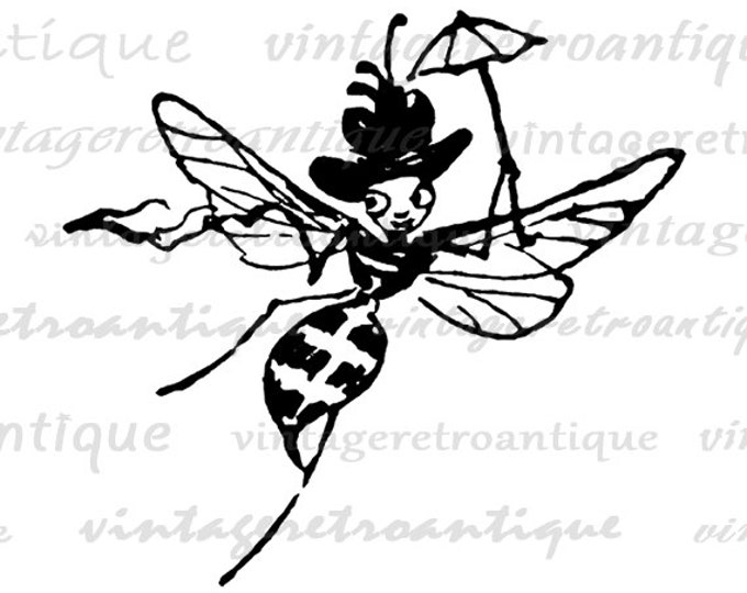 Printable Digital Bee with Hat and Umbrella Antique Download Image Graphic Vintage Clip Art Jpg Png Eps HQ 300dpi No.1725