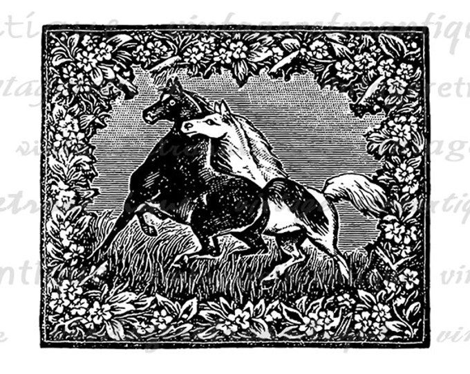 Two Horses Image Digital Download Illustration Graphic Printable Vintage Clip Art for Transfers Printing etc HQ 300dpi No.1441