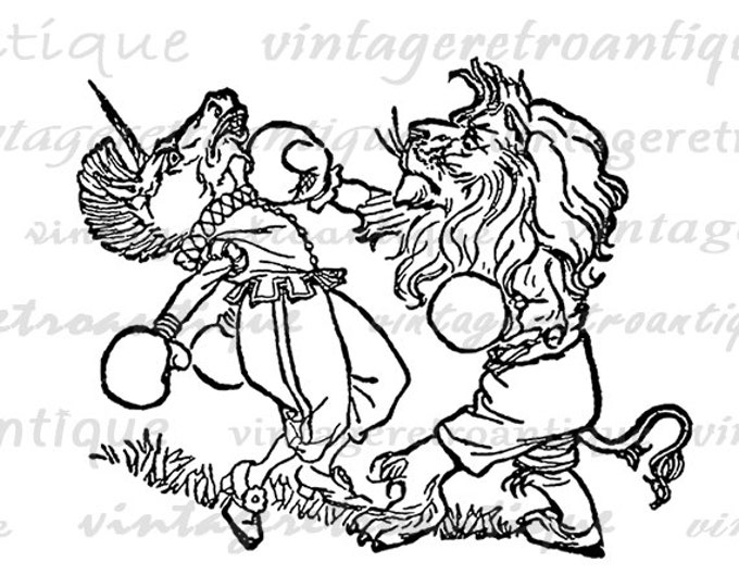 Digital Image Unicorn and Lion Boxing Alice in Wonderland Graphic Printable Download Vintage Clip Art Jpg Png Eps HQ 300dpi No.2544