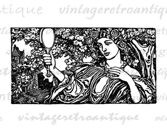 Printable Classic Medieval Woman Lady with Mirror Digital Download Image Graphic Vintage Clip Art Jpg Png Eps HQ 300dpi No.2811