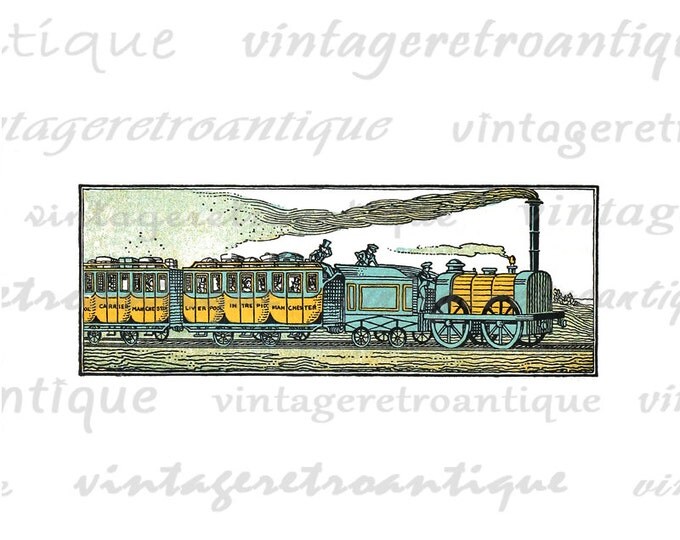 Locomotive Train Color Illustration Digital Printable Download Graphic Image Antique Clip Art HQ 300dpi No.2932