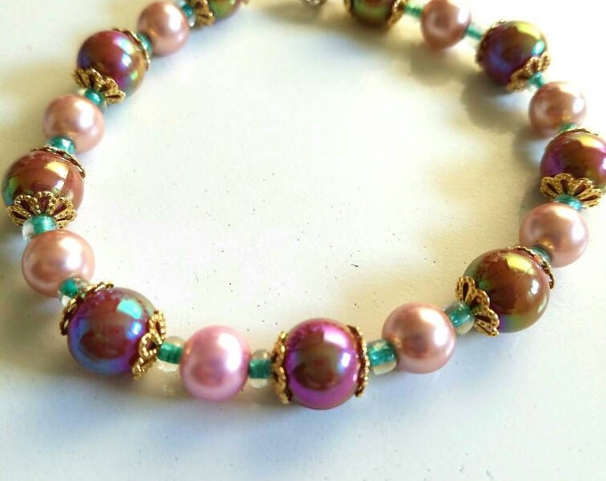 Purple Gold Pink and Teal Beaded Bracelet