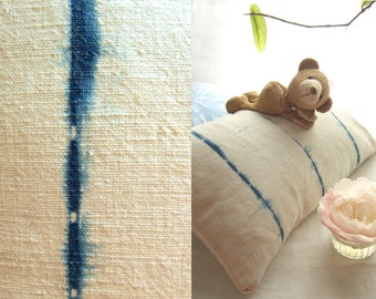 Antique French linen pillow, lumbar pillow hand dyed with natural indigo, shibori tie dye, textured boho cushion cover, grain sack pillow