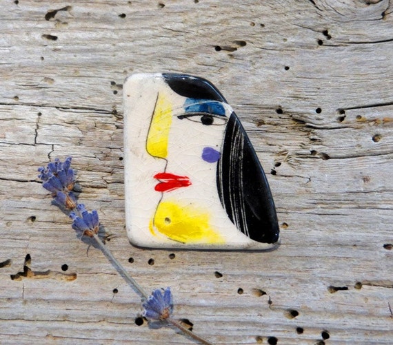 Black + White Woman portrait 2 - Ceramic Brooch Pin Jewelry Brooch Modern Ceramic Jewelry Unusual Brooch