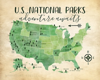 US National Parks Map, Adventure, Mountains, Parks, Rivers, Tribal, Watercolor Green, Kids Bedroom, Classroom, Educational | WF532