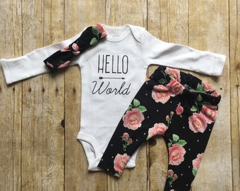 Newborn coming home outfit, hello world onesie outfit, baby shower gift