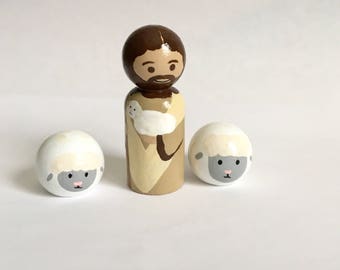 Jesus the Good Shepherd and sheep -- Hand painted Wooden Peg Doll Saints