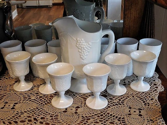 Indiana Harvest Colony Milk Glass Grape and Leaf Pitcher Set Tumblers Goblets 1960s 60s Mid Century Vintage Country Cottage Home Decor