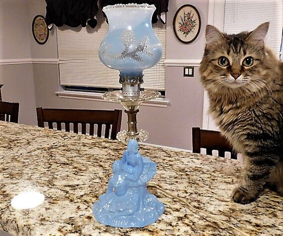 1930s Blue Depression Glass Ballerina Lamp Boudoir Country Cottage Home Decor Vanity Table Dressing Room Wedding LE Smith Glass Movie Prop
