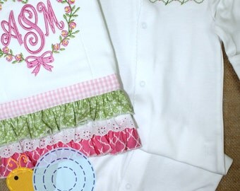 Personalized Baby Gown or Bodysuit and Burp Cloth with Flower Heart and Monogram