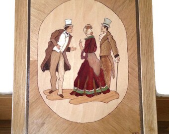 Vintage marquetry wood inlay picture The Pioneers signed art plaque