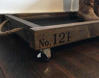 Handmade Wood boot tray with Rope Handles, rubber tray insert and caster wheels- farmhouse style decor- fixer upper inspired