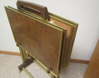 Set of 4 TV Trays with Storage Rack * folding table trays* Wood grain patchwork Design * TV table