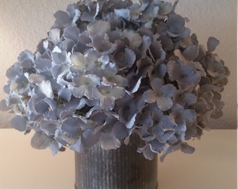 Silk Floral Arrangement Dusty Grayish Blue Hydrangea in Corrugated Metal Container