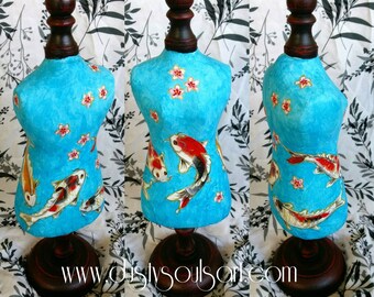 Japanese koi handpainted miniature mannequin. Necklace holder. Dressing table. Jewellery. Koi fish. Cherry blossom. Blue. Gold.