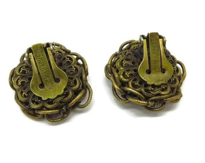 Miriam Haskell Braided Brass and Glass Button Earrings, Vintage Clip-on Earrings