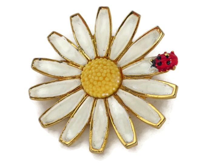 Vintage Weiss Gold Tone Daisy Brooch with Ladybug, Enamel Designer Pin