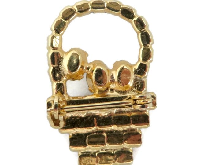 Vintage Rhinestone Fruit Basket Pin, Red, Green, Blue, Purple, Yellow, White Gold Tone Basket Pin