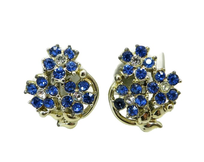 Blue Rhinestone Flower Bouquet Earrings Vintage Blue and White Silver Tone Flower Clip on Earrings Gift Idea