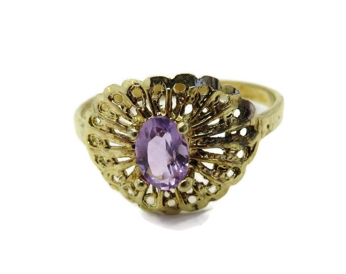 Vintage Amethyst Cocktail Ring, Sterling Silver, Gold Plated Filigree Ring, Size 8.25-8.5