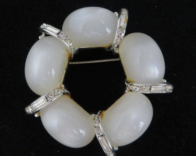 Kramer Brooch - Vintage White Moonstone Pin, Signed Designer Brooch, Crystal Baguette Wreath Pin, Gift Boxed