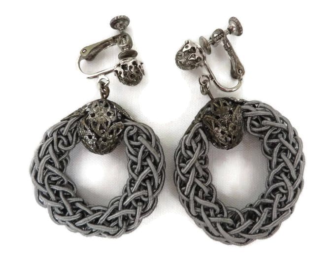 Miriam Haskell Dangling Earrings Vintage Filigree Ball Gray Braided Silk Hoop Screw Back Earrings