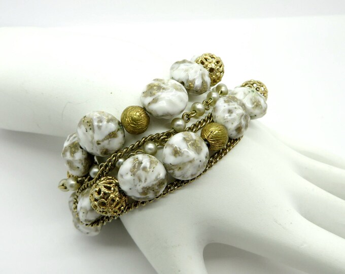 Kramer Glass Bead Bracelet Vintage Designer Signed Triple Strand White and Gold Bracelet