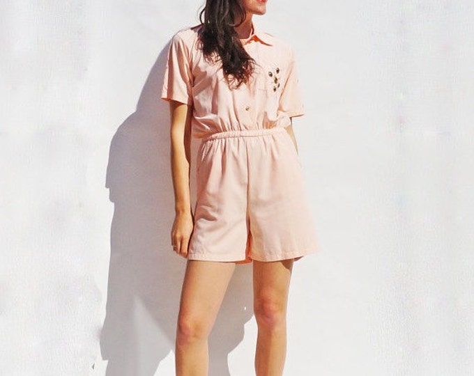 Women's Summer Playsuit, Vintage 80s Short Sleeved Peach Playsuit, Cut Out Playsuit, Womens Romper, Vintage Jumpsuit, 80s Summer All In One