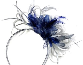 Grey Silver & Navy Blue Fascinator on Headband AliceBand UK Wedding Ascot Races Loop