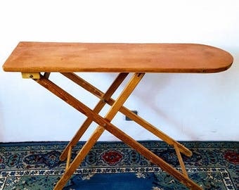 antique ironing board, large rustic wood ironing stand Folds Up Folk Art. display table