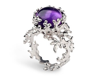 CORAL Purple Amethyst Ring, Sterling Silver Amethyst Ring, Large Amethyst Ring, Purple Amethyst Engagement Ring, Statement Ring