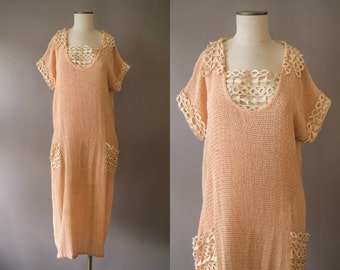 vintage 1920s dress / 20s pink crocheted dress / small - medium / Arrows & Targets Dress