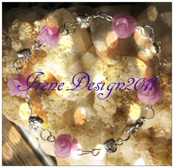Handmade Silver Bracelet with Purple Resin Roses & Hearts by IreneDesign2011