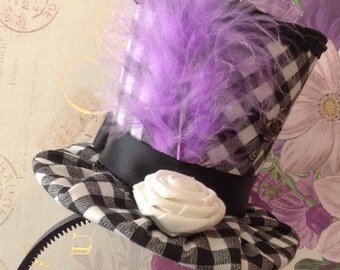 Mad Hatter Mini Top Hat Headband, Checkered Fascinator, Steampunk, Birthday, Tea Party, Bridal Shower, Alice in Wonderland (3.5" Tall)